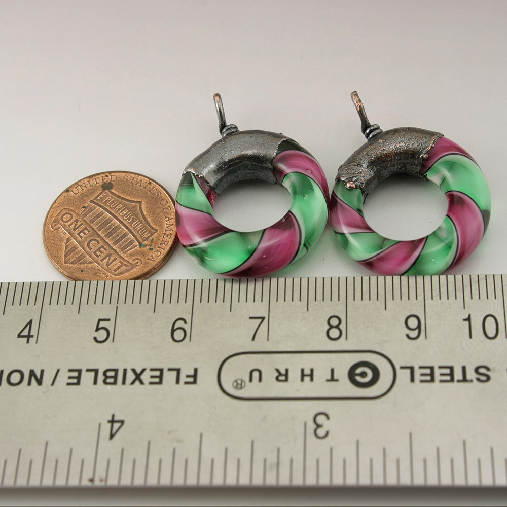 Green and Pink Watermelon Twist Circle Pair with Copper Electroforming