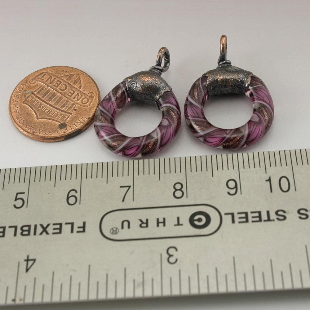 Pink Black Goldstone Helix Twist Circle Pair with Copper Electroforming