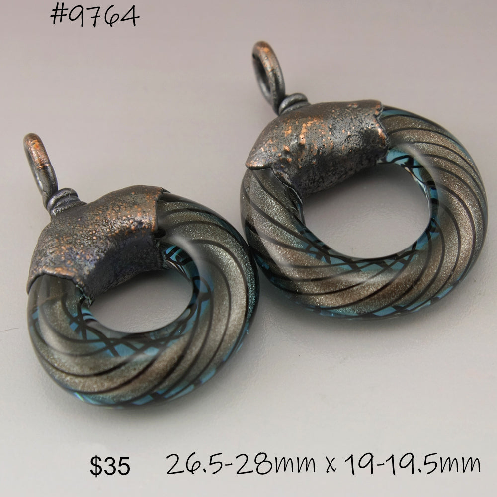 Blue Tan Goldstone Black Pinstripes Helix Twist Circle with Copper Electroforming