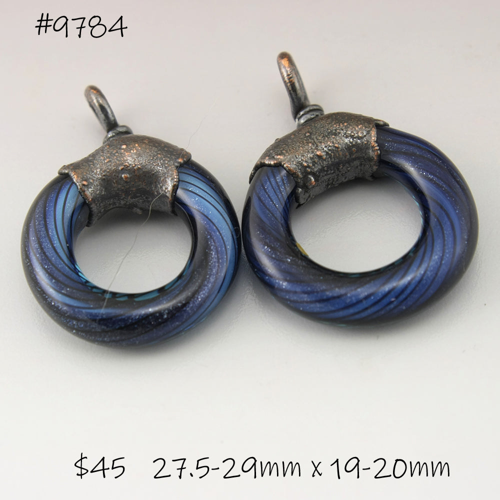 Dark aqua Blue Goldstone Black Pinstripes Helix Twist Circle with Copper Electroforming
