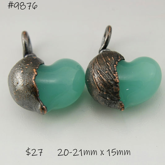 Milky Jade Green Hearts with Copper Electroforming