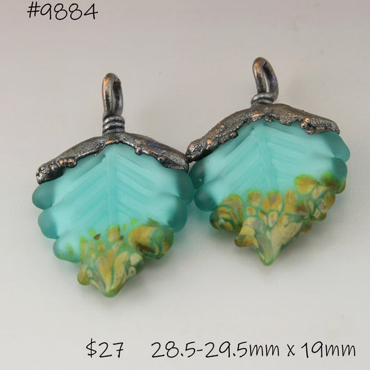Teal Blue Green Etched Raku Leaves with Copper Electroforming