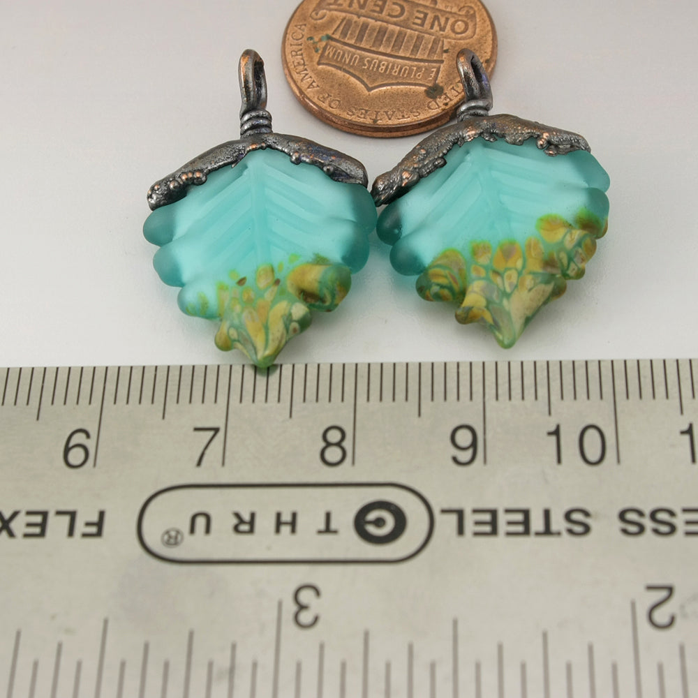 Teal Blue Green Etched Raku Leaves with Copper Electroforming