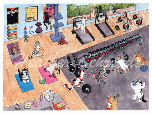 "Cat Gym" Art Print 9" x 12" Ink and Watercolors