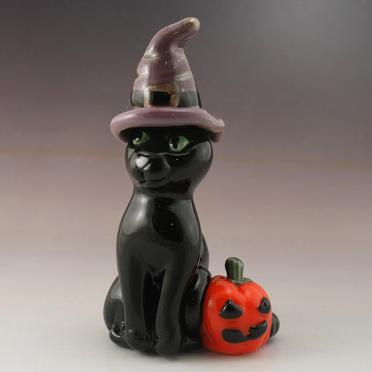 Black Cat with Halloween Witches Hat and Jack-O-Lantern Sculpture