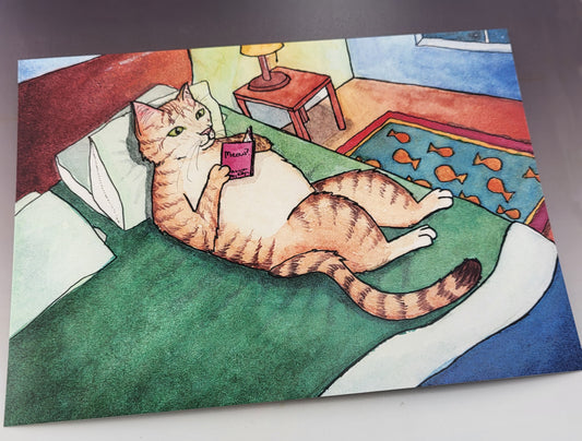 "Cozy Reading Kitty" Postcard 5" x 7" Mini Print