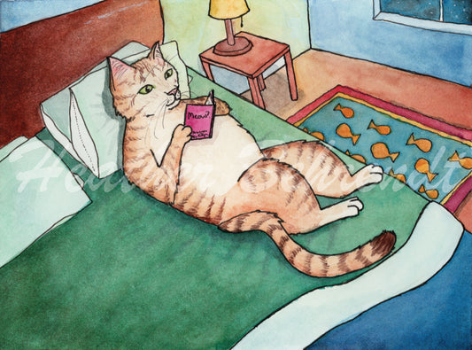 "Cozy Reading Kitty" Print 9" x 12"