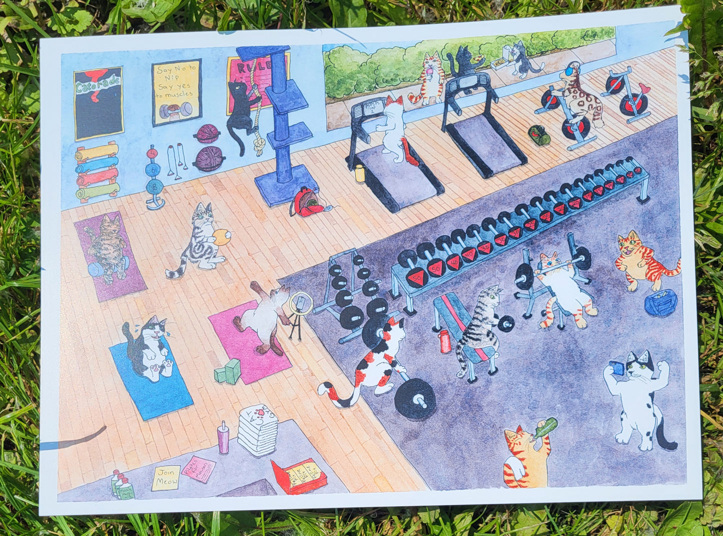 "Cat Gym" Art Print 9" x 12" Ink and Watercolors
