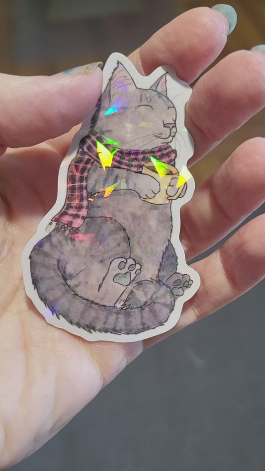 Cozy Scarf and Coffee Cat Vinyl Sticker