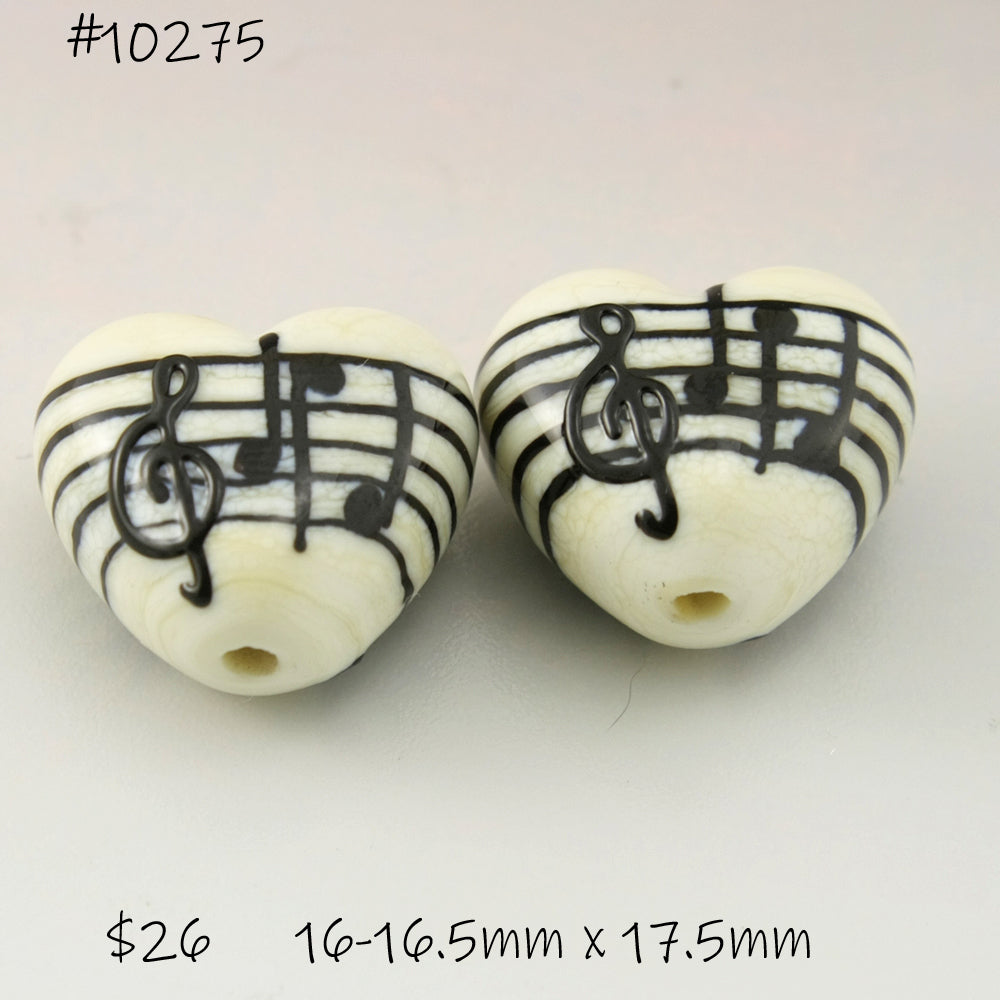Ivory Heart Pair with Black Music Notes and Manuscript