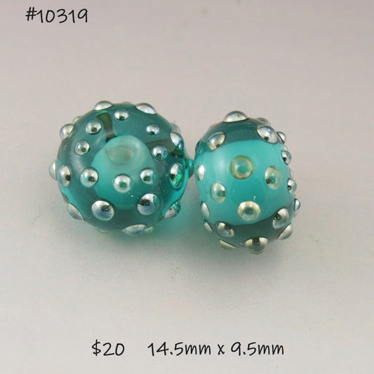 Teal Blue Green Rondelles with Metallic Dots Pair