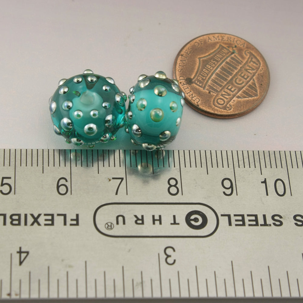 Teal Blue Green Rondelles with Metallic Dots Pair