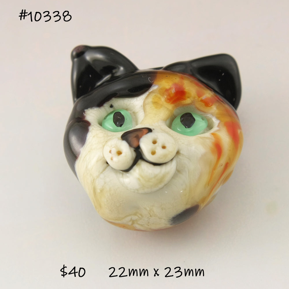 Calico Cat with Teal Eyes and Coral Nose Sculptural Bead