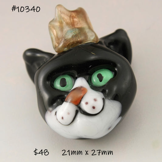 Black and White Tuxedo with Teal Eyes and Coral Nose Sparkling Crown Sculptural Bead