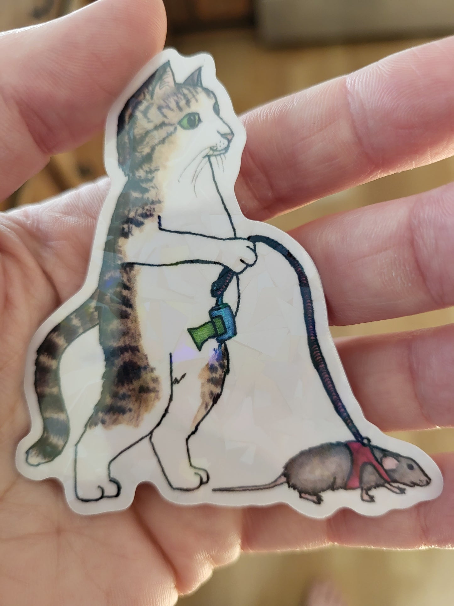 Cat Walking his Pet Rat Vinyl Sticker