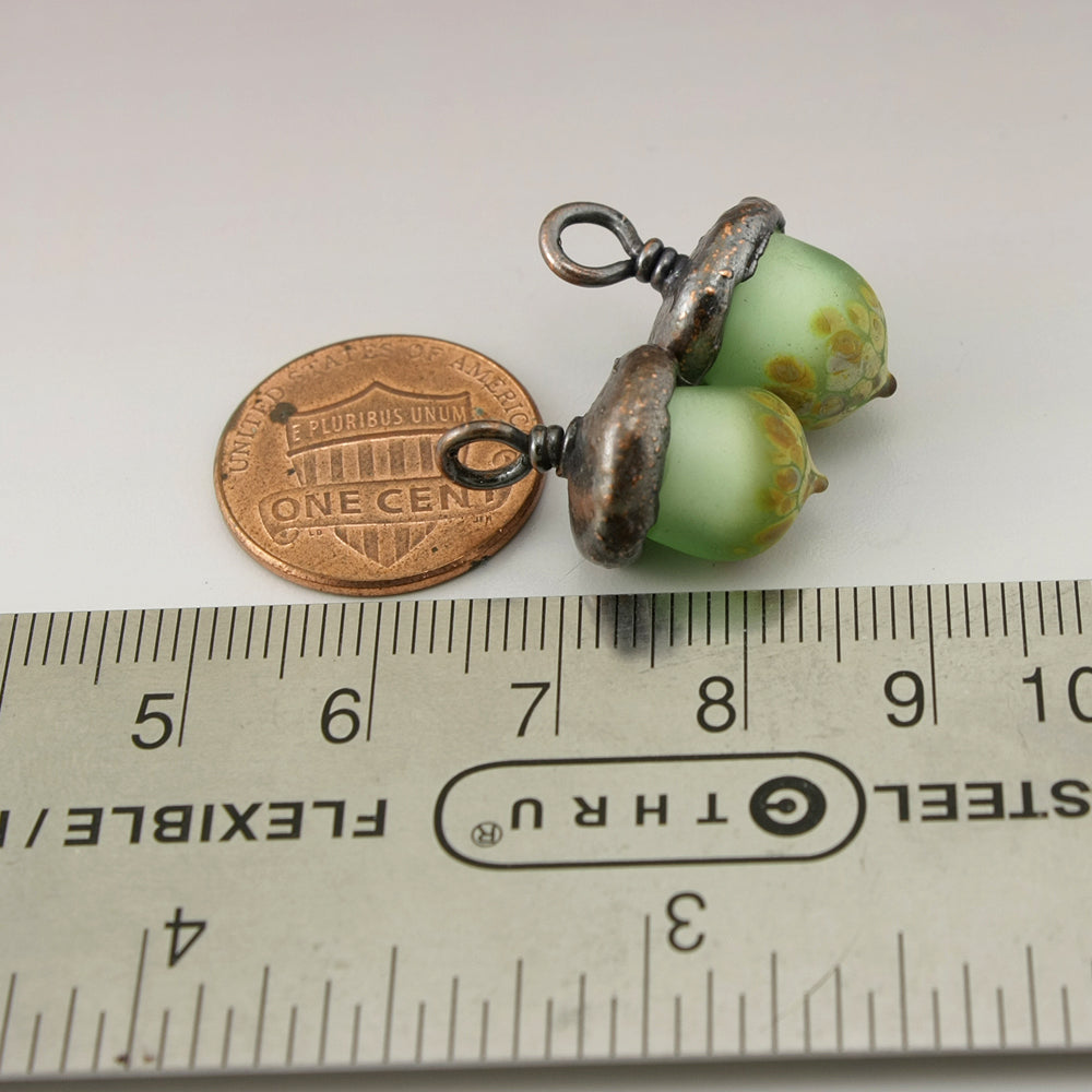 Pale Emerald Green Etched Raku Acorns with Copper Electroforming