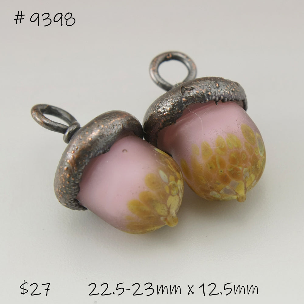 Pink Etched Acorns with Raku Frit Copper Electroforming Pair