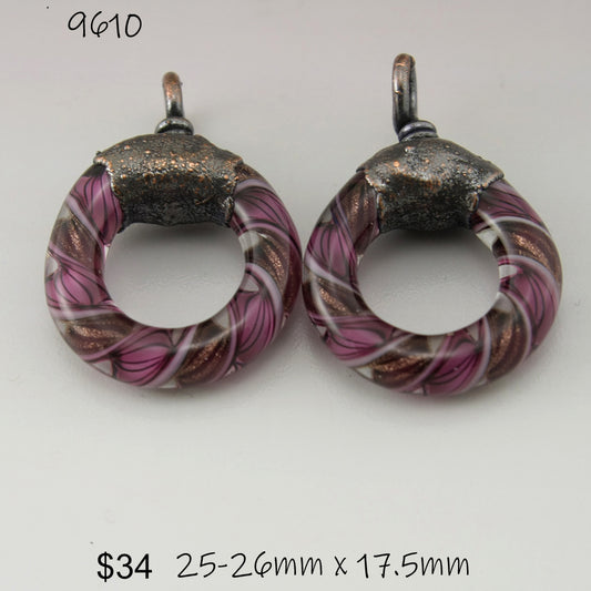 Pink Black Goldstone Helix Twist Circle Pair with Copper Electroforming