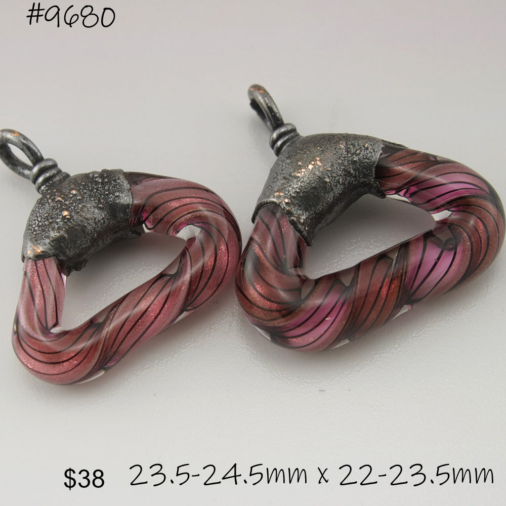 Pink Goldstone Aventurine Black Pinstripes Helix Twist Triangles with Copper Electroforming