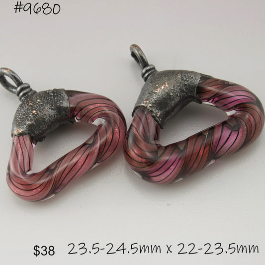Pink Goldstone Aventurine Black Pinstripes Helix Twist Triangles with Copper Electroforming