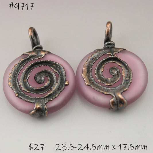 Light Pink Etched Lentils with Spiral Copper Electroforming Pair