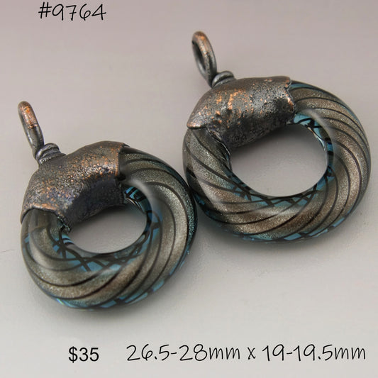 Blue Tan Goldstone Black Pinstripes Helix Twist Circle with Copper Electroforming