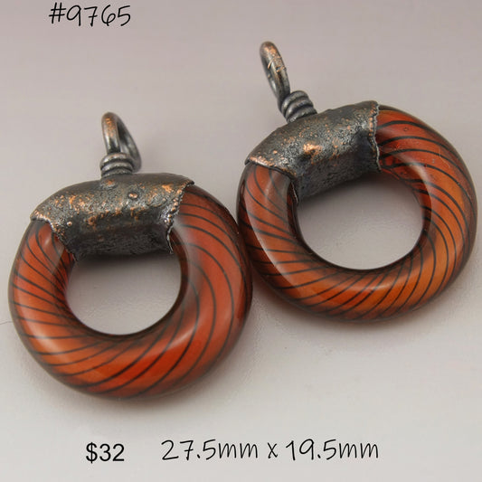 Orange Goldstone Black Pinstripes Helix Twist Circle with Copper Electroforming