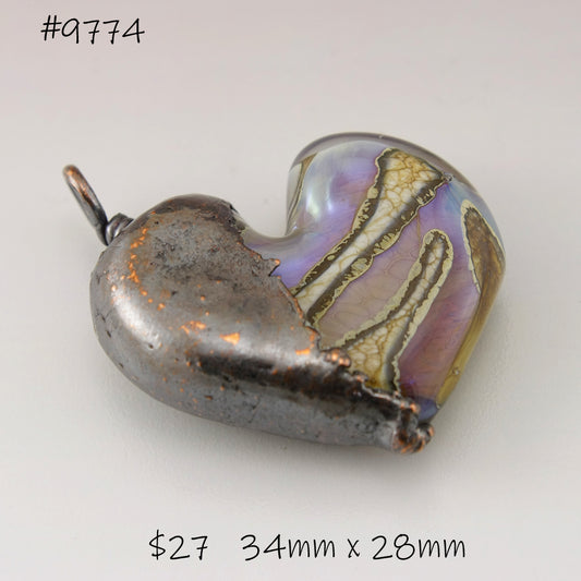 Ivory Pink Purple Luster Heart Focal with Copper Electroforming