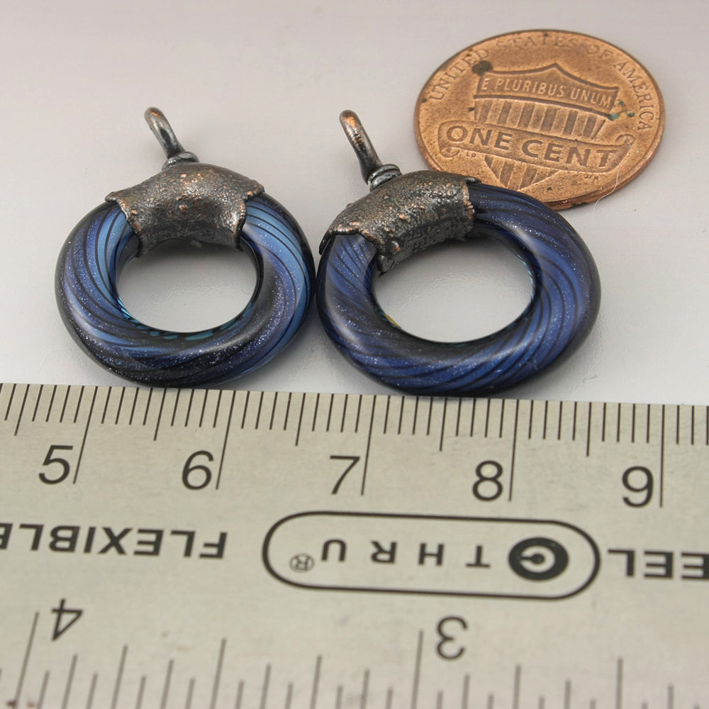 Dark aqua Blue Goldstone Black Pinstripes Helix Twist Circle with Copper Electroforming