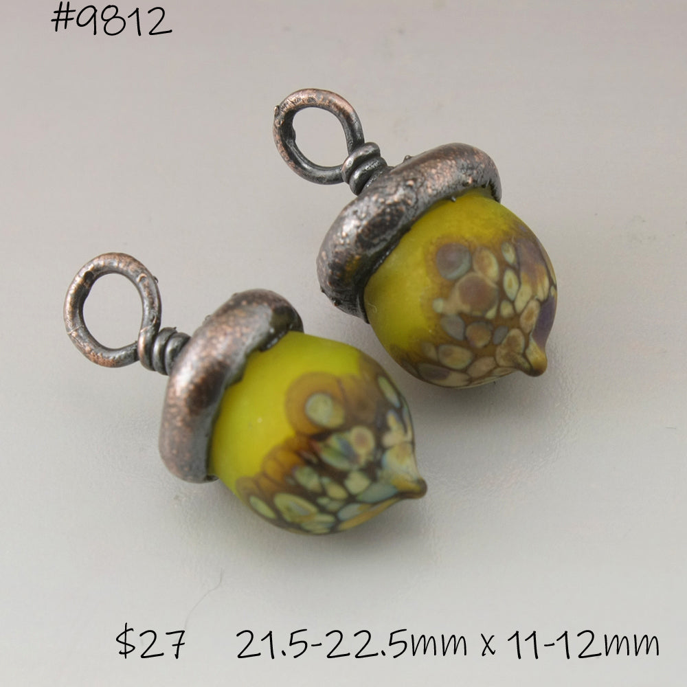 Yellow Etched Acorns with Raku with Copper Electroforming