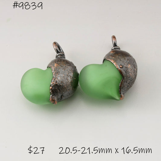 Pale Emerald Green Etched Hearts with Copper Electroforming Pair
