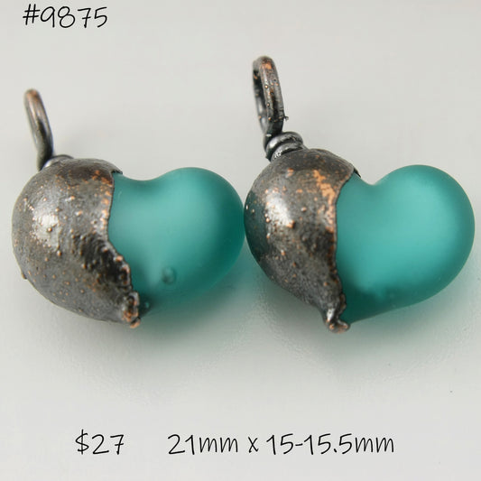 Teal Blue Green Hearts with Copper Electroforming