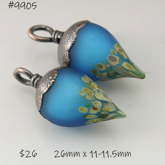 Aqua Blue over White Etched Raku Drops with Copper Electroforming