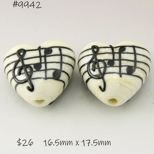 Ivory Heart Pair with Black Music Notes and Manuscript