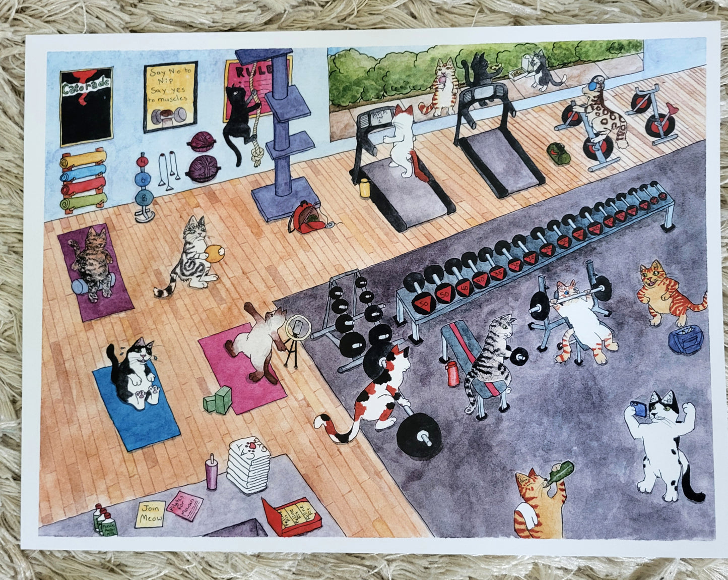 "Cat Gym" Art Print 9" x 12" Ink and Watercolors