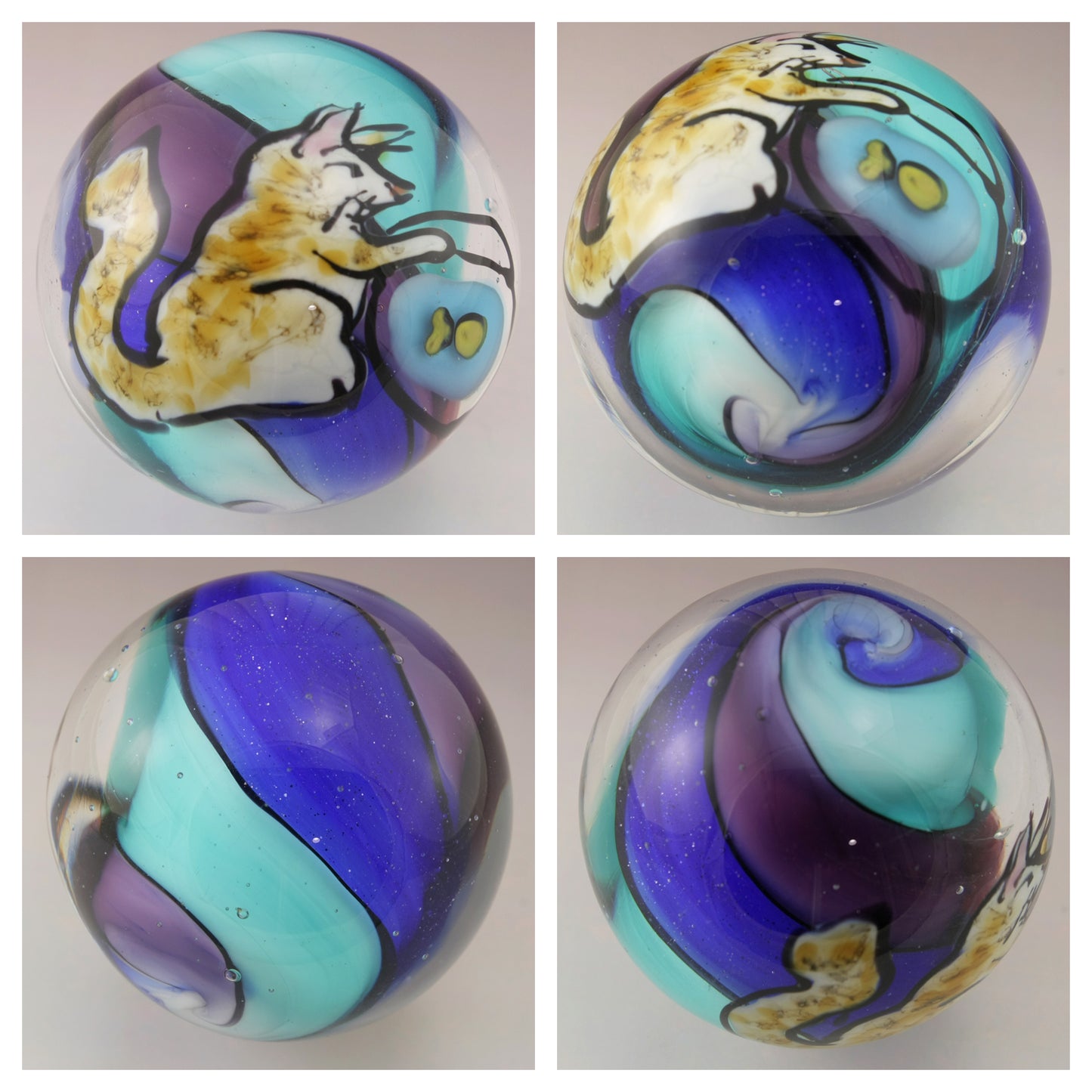 Fish Bowl Kitty Marble on Sparkling Blue Purple