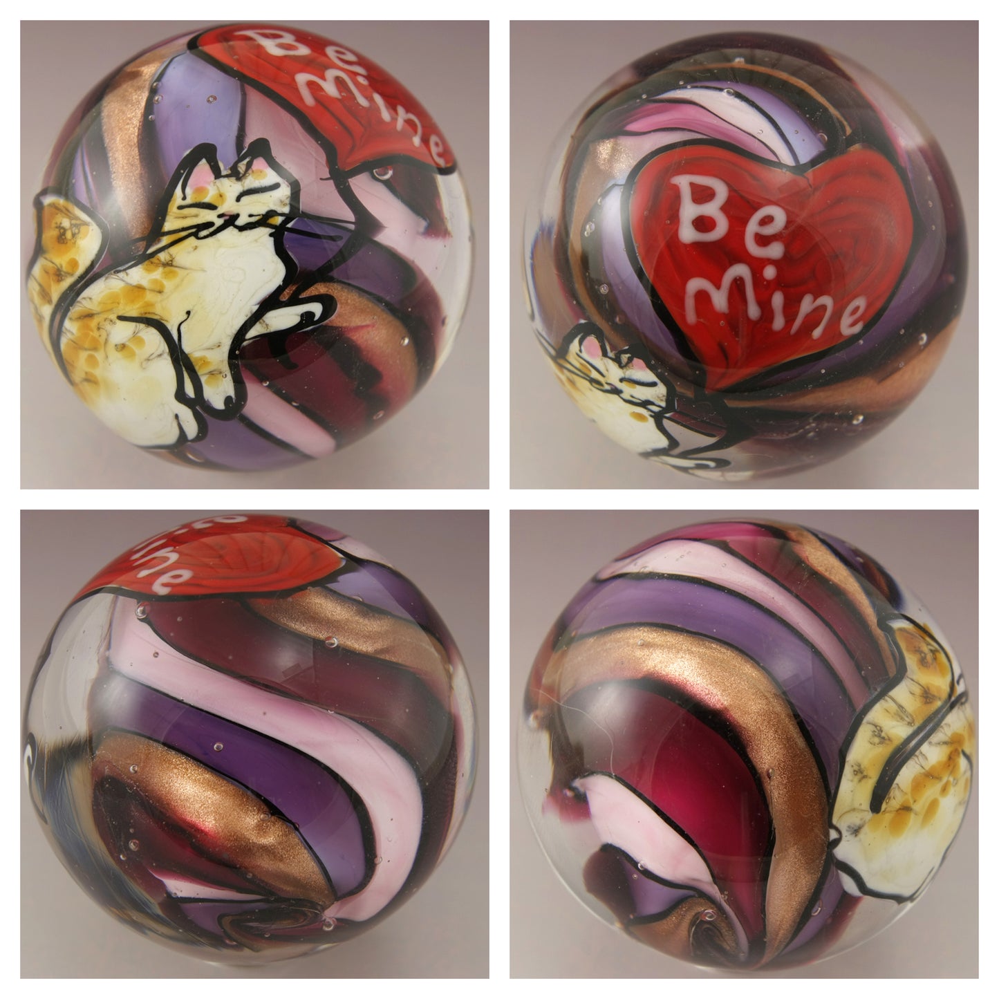 "Be Mine" Kitty on Pink, Purple and Goldstone Marble