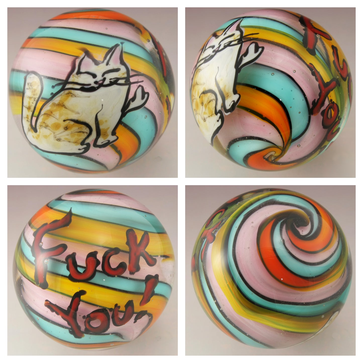 Kitty Flipping the Bird and Swearing Orange, Blue, Pink Marble