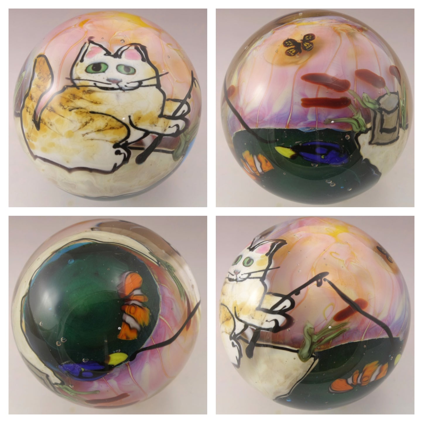 Fishing Cat with Cattails, Butterflies and Fishies Wraparound Marble