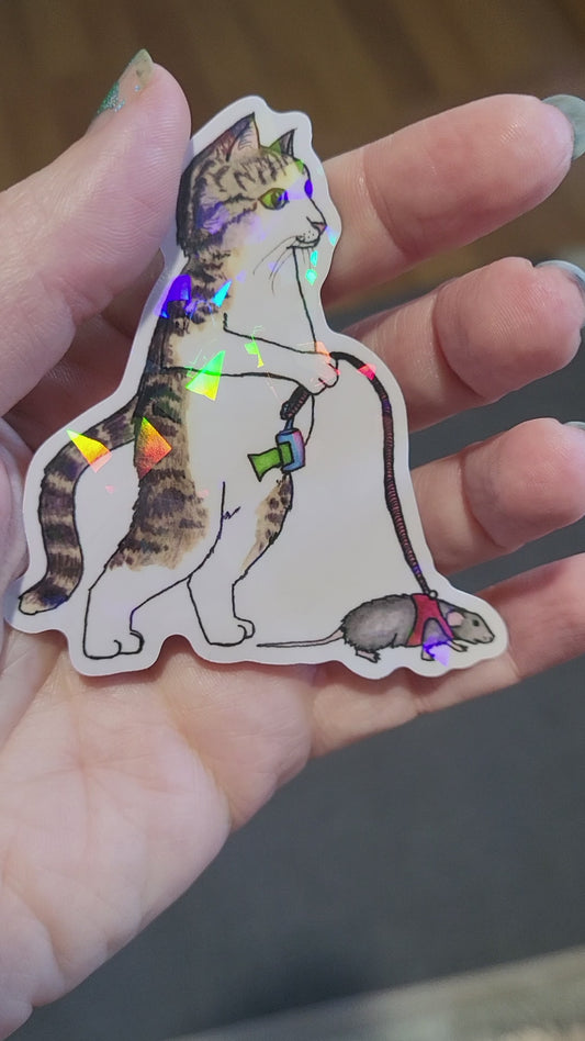 Cat Walking his Pet Rat Vinyl Sticker
