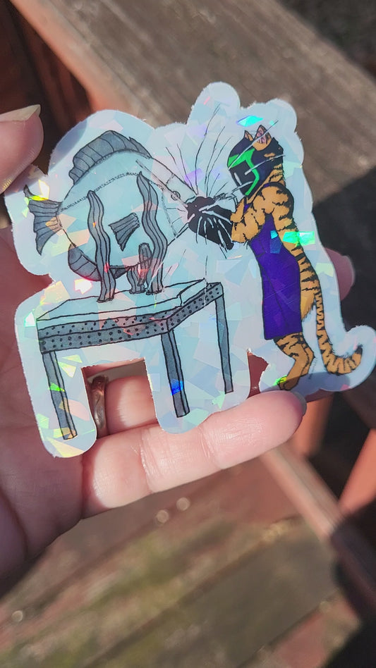 Welder Cat Holographic Crystal Vinyl Sticker