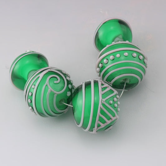 Green over White Rounds with Light Pink Raised Linework Bead Set