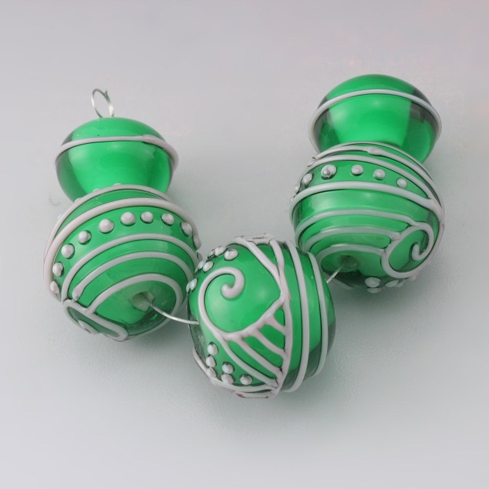 Green over White Rounds with Light Pink Raised Linework Bead Set