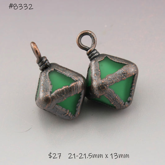 Dark Emerald Green Etched Geometric Crystals with Copper Electroforming