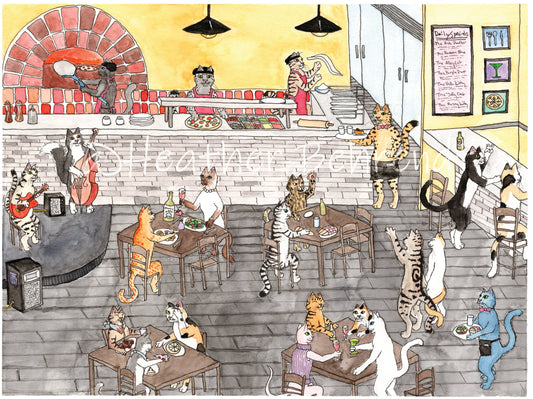"Cat Restaurant" Art Print 9 x 12 inches, Ink and Watercolor