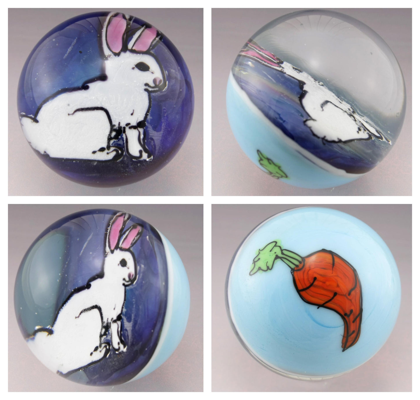 White Bunny Rabbit with Orange Carrot on Baby Blue backing Marble m144