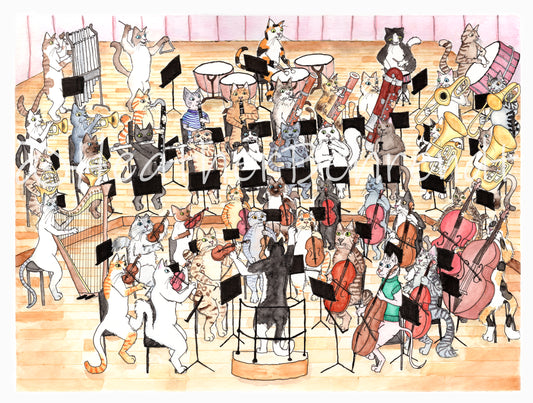 "Cat Orchestra" Art Print 9" x 12" Ink and Watercolors